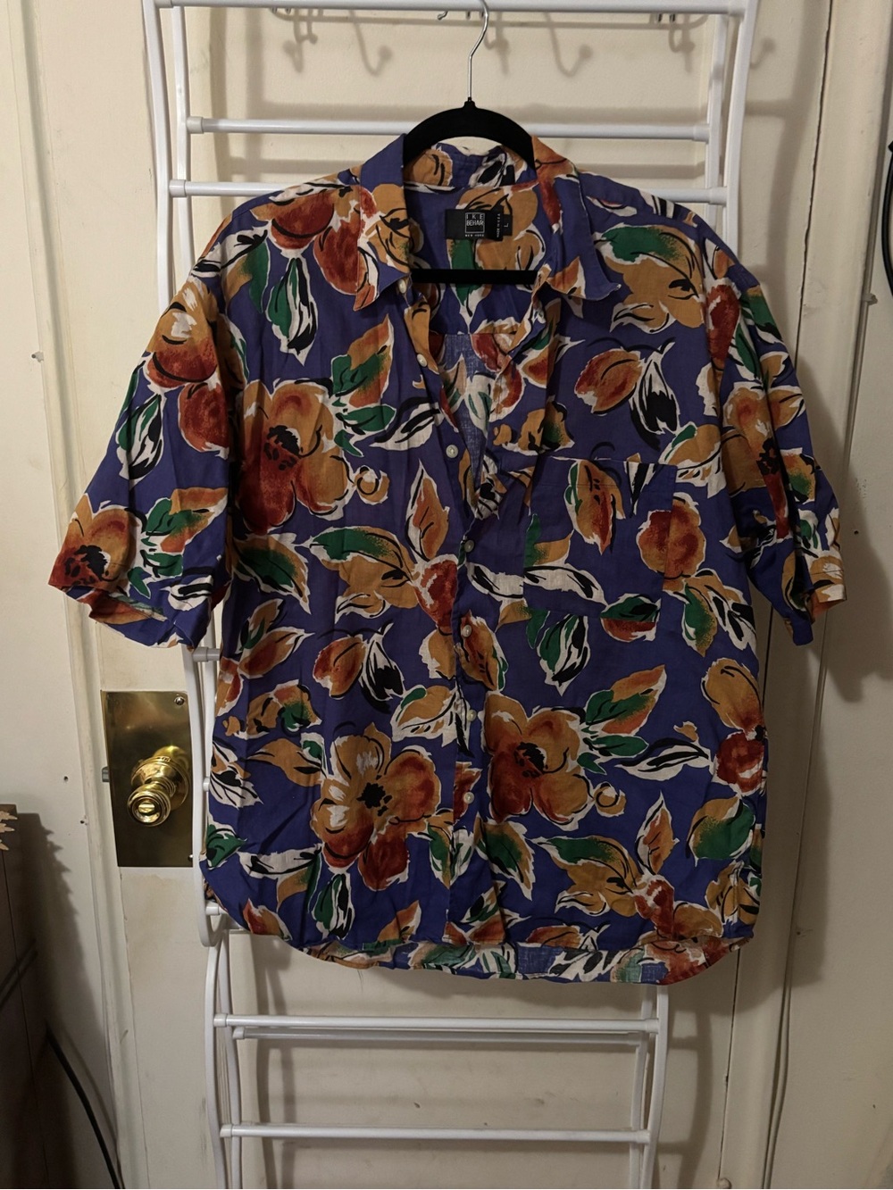 Ike Behar Purple Floral Linen Short-Sleeve Button-Up Shirt L Electric Grandpa